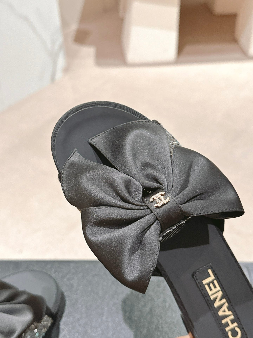 CHANEL BOW LADY SLIPPERS BLACK LAMBSKIN WITH RHINESTONES