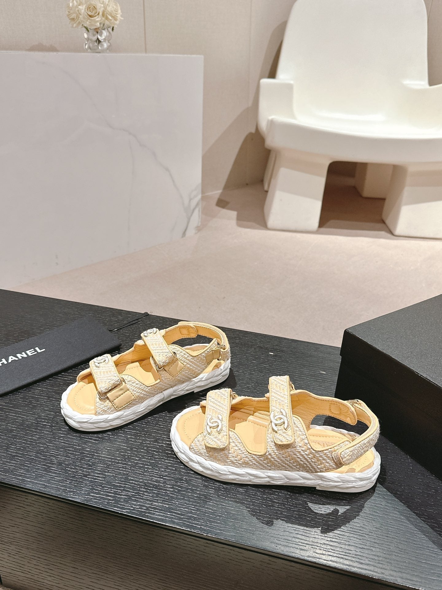 CHANEL DAD SANDALS IN LIGHT YELLOW CALFSKIN