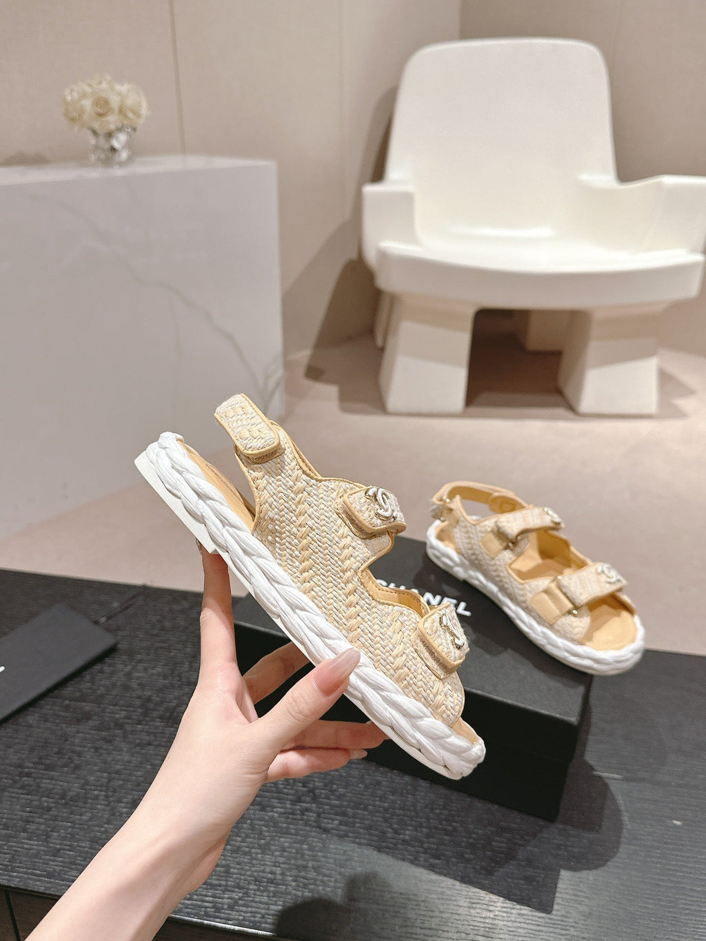 CHANEL DAD SANDALS IN LIGHT YELLOW CALFSKIN
