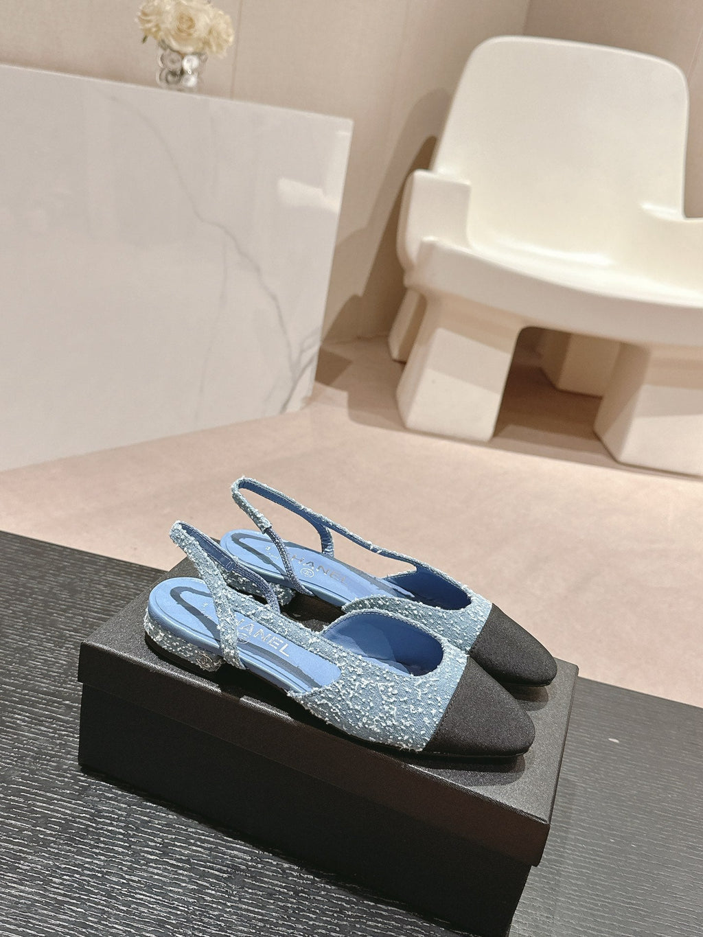 CHANEL SLINGBACKS IN LIGHT BLUE DENIM AND BLACK SATIN