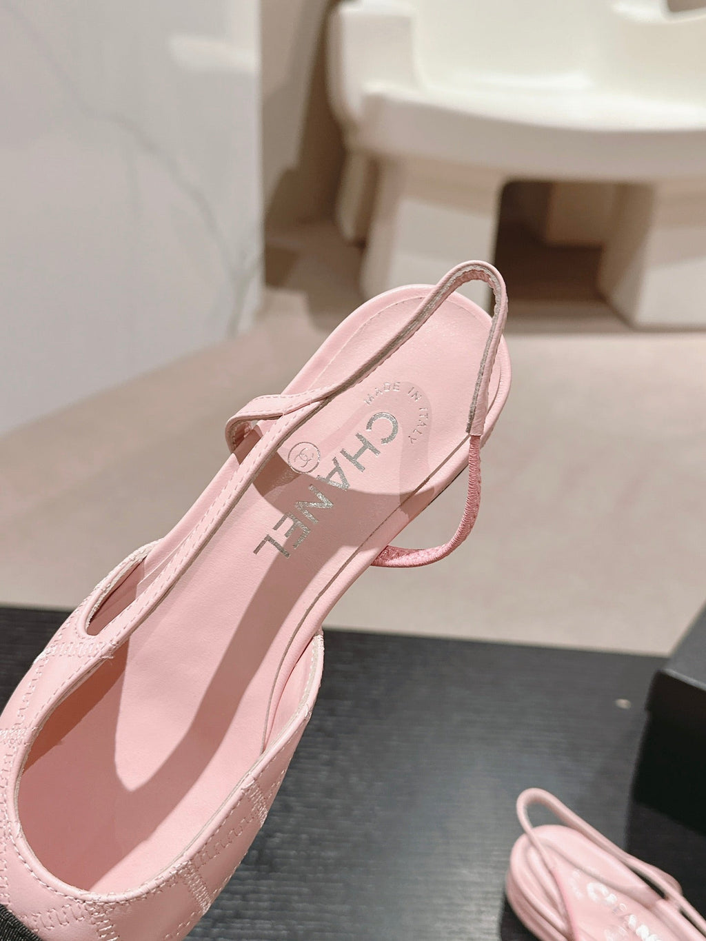 CHANEL SLINGBACKS IN LIGHT PINK LAMBSKIN AND BLACK SATIN