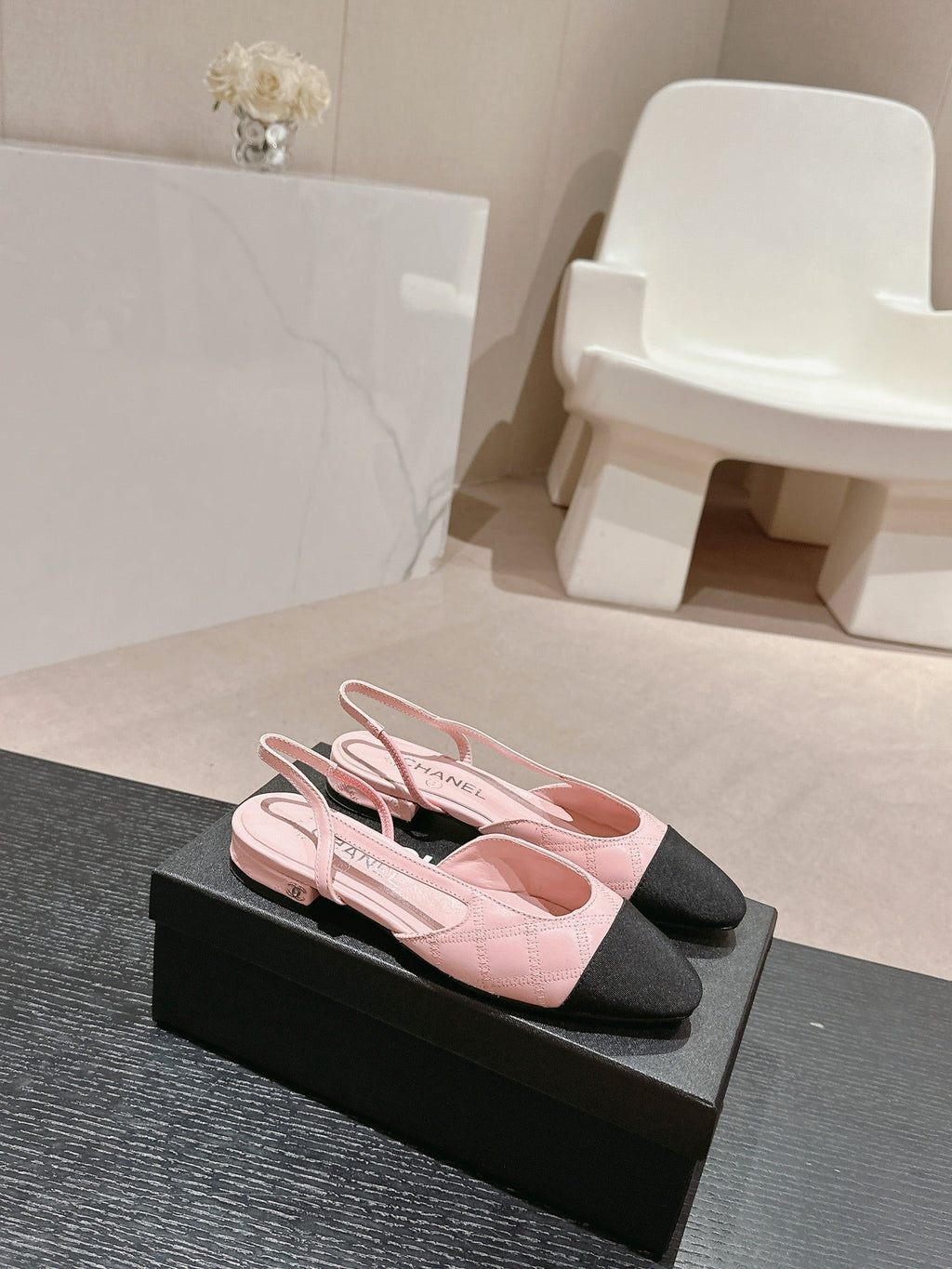 CHANEL SLINGBACKS IN LIGHT PINK LAMBSKIN AND BLACK SATIN