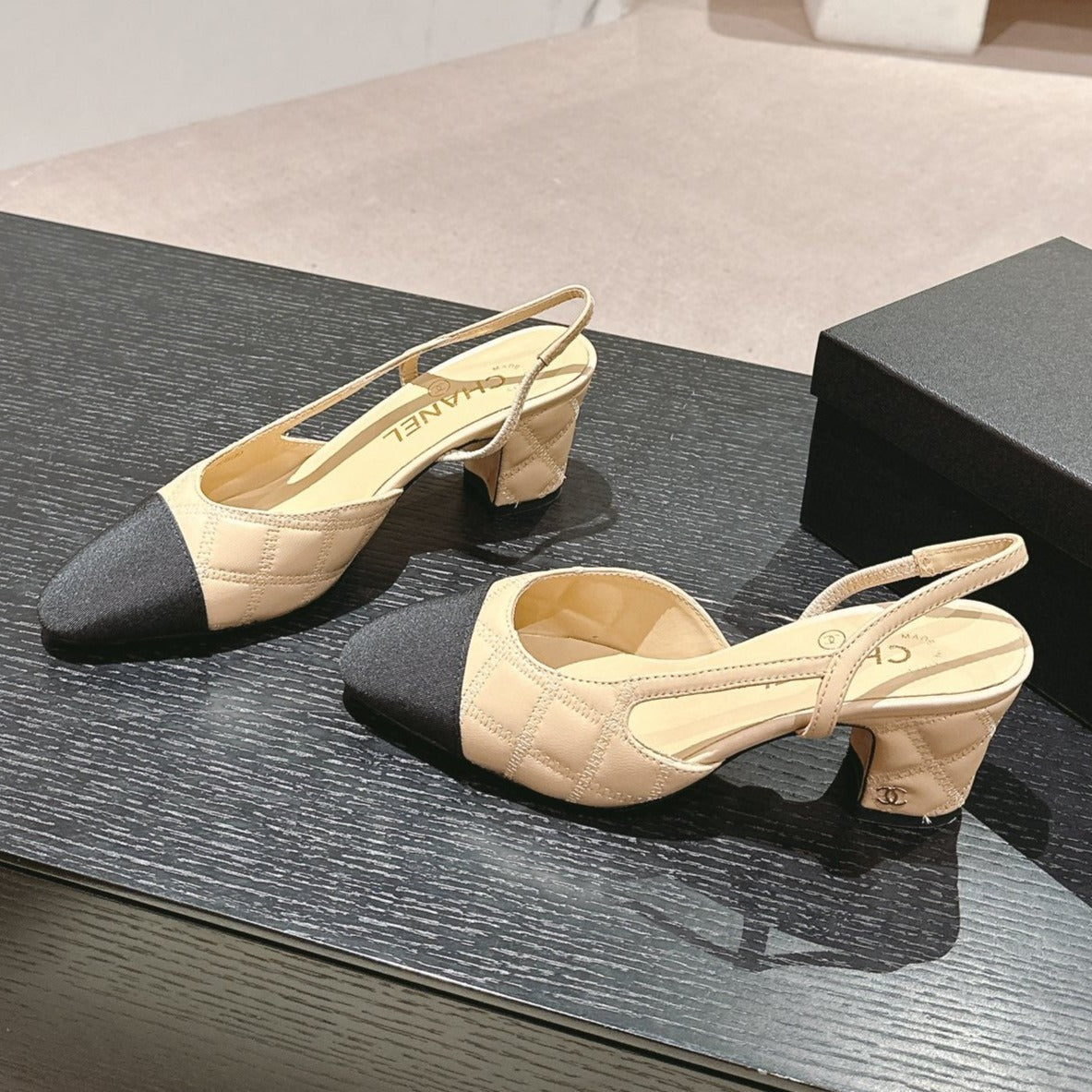 CHANEL HIGH SLINGBACKS IN BEIGE CREAM LAMBSKIN AND BLACK SATIN