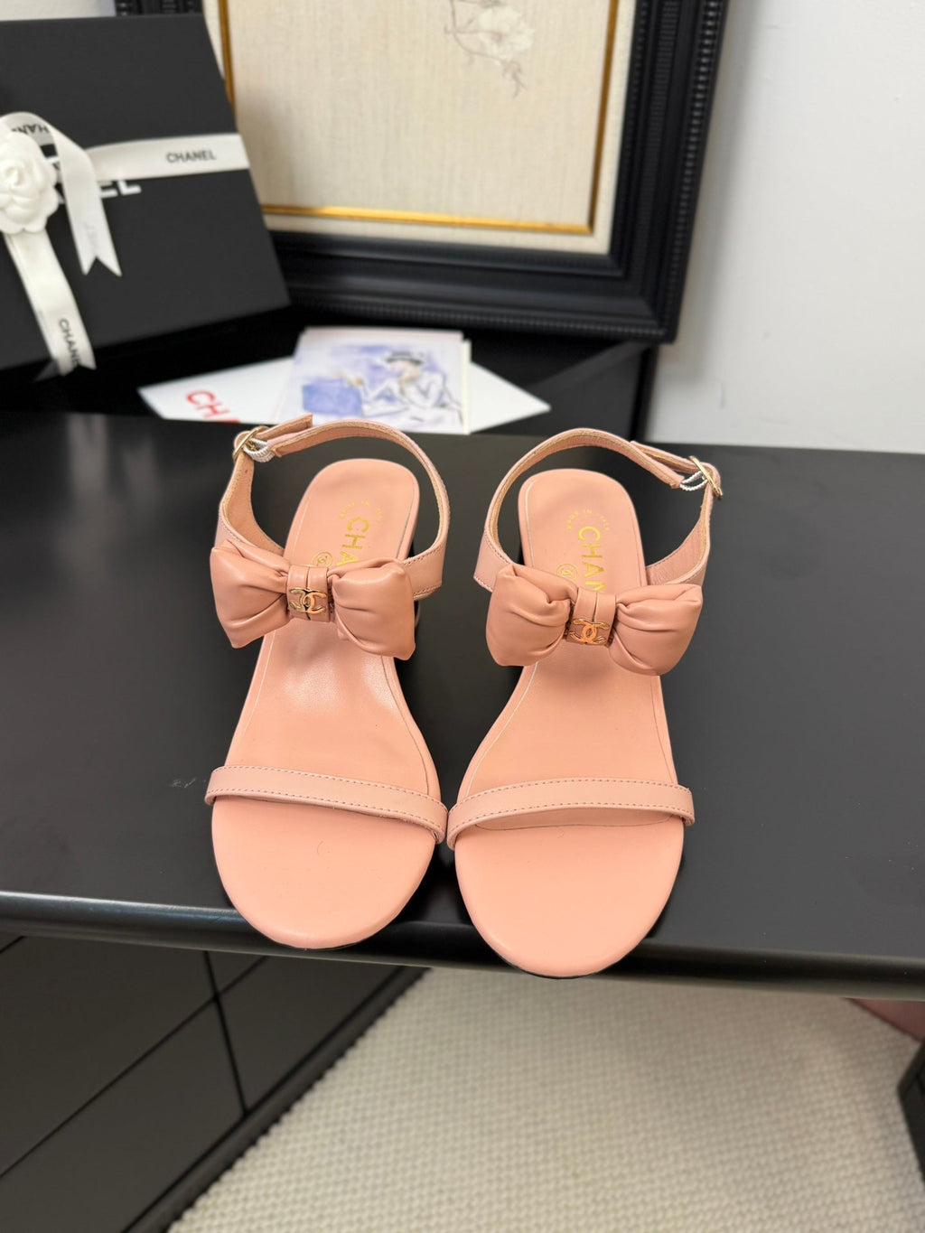 CHANEL MID HEEL 45 MM SANDALS IN PEACH PINK CALFSKIN