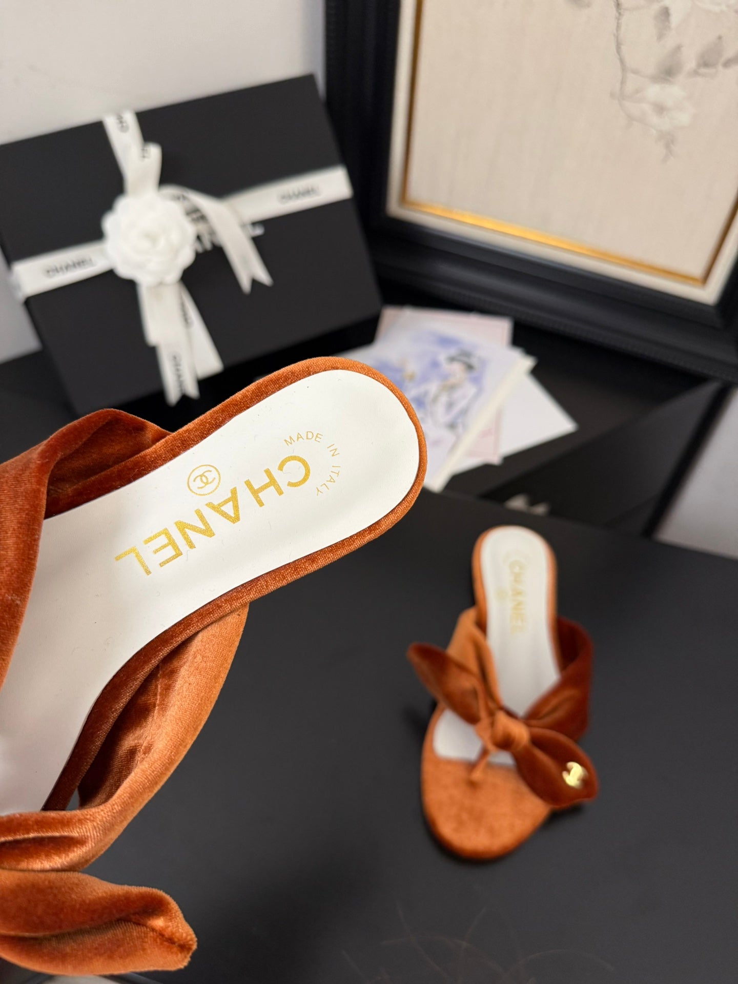CHANEL 25C Thong Sandal Bow Pumpkin Velvet fabric 233565