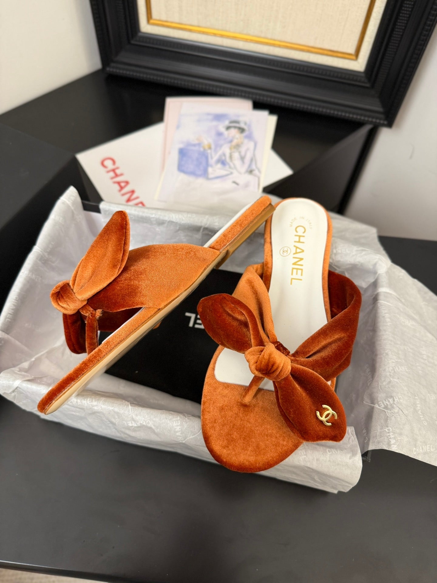 CHANEL 25C Thong Sandal Bow Pumpkin Velvet fabric 233565