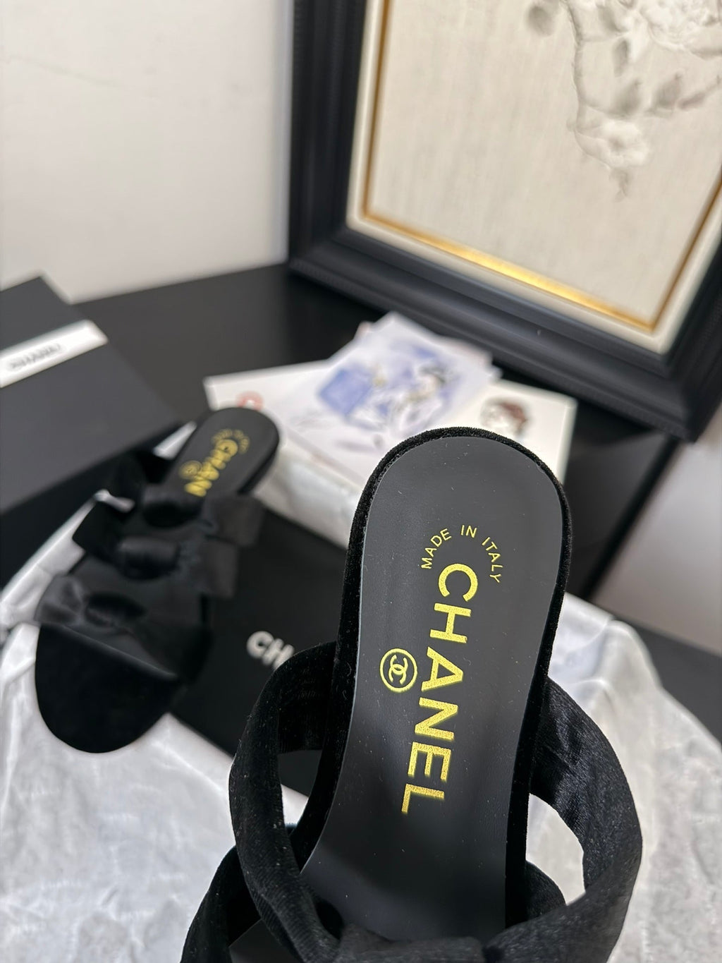 CHANEL 25C Three Strap Mule Black Velvet fabric 233559