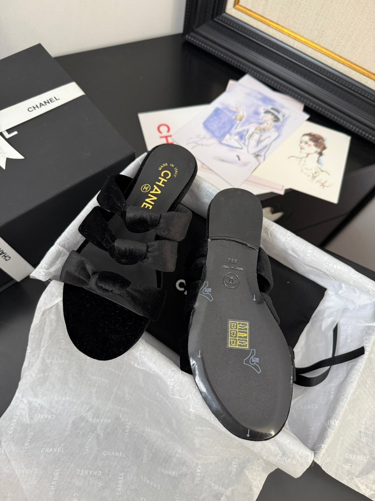 CHANEL 25C Three Strap Mule Black Velvet fabric 233559