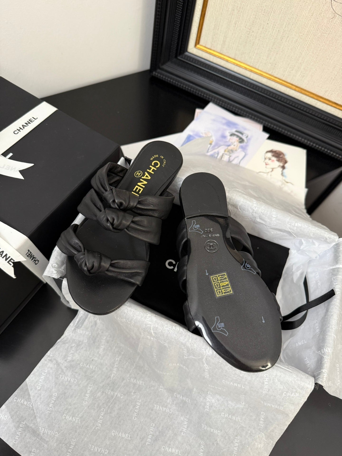 CHANEL 25C Three Strap Mule Black Lambskin 233557