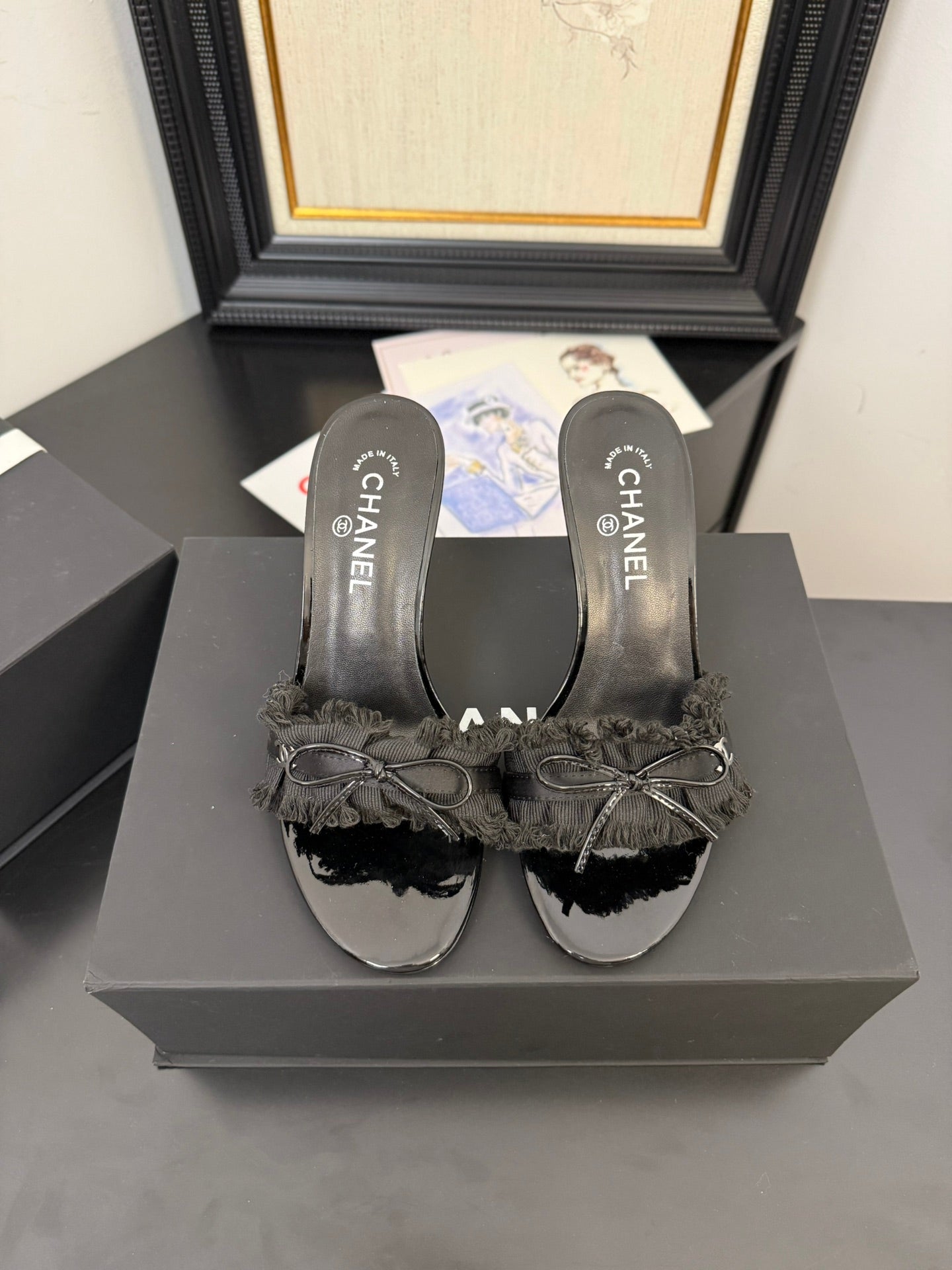 CHANEL BLACK GROSGRAIN CANVAS BOW MULE SANDALS 90 MM