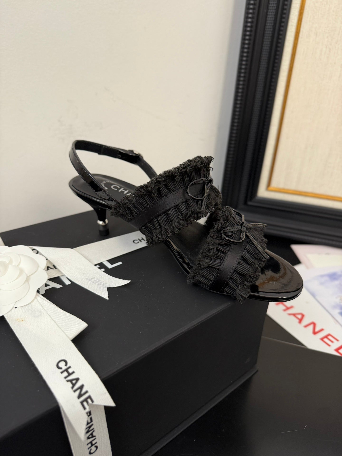CHANEL BLACK GROSGRAIN CANVAS BOW SLINGBACK SANDALS 65 MM