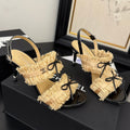 CHANEL SAND YELLOW GROSGRAIN CANVAS BOW SLINGBACK SANDALS