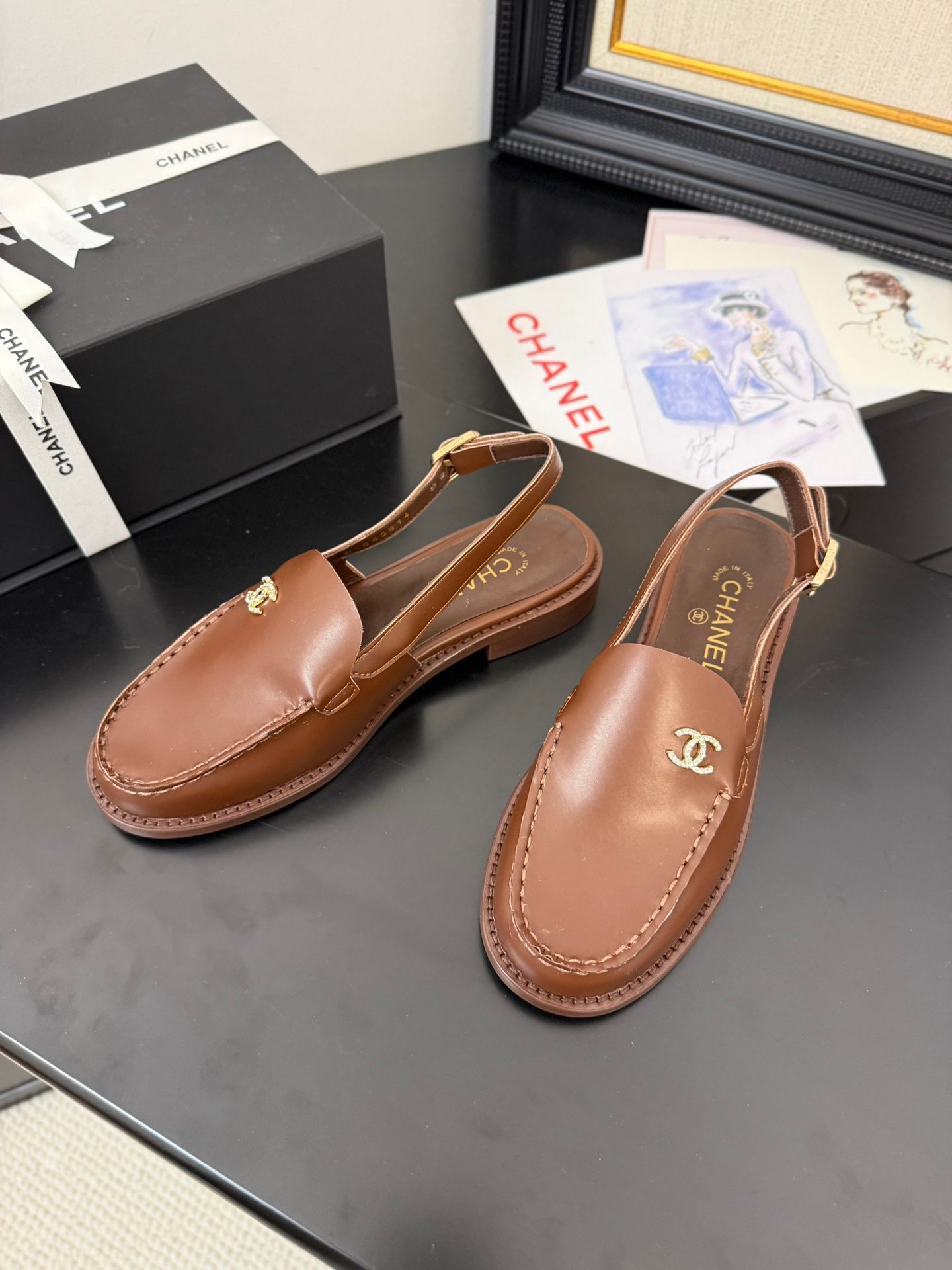 CHANEL 25C Slingback Loafer Brown Patent Leather