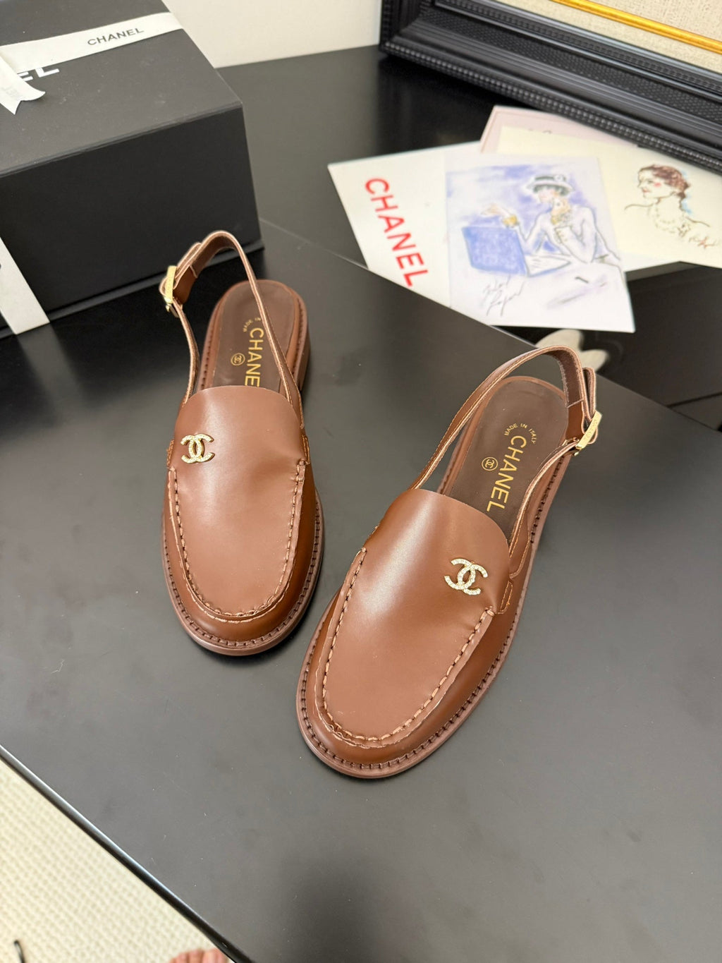 CHANEL 25C Slingback Loafer Brown Patent Leather