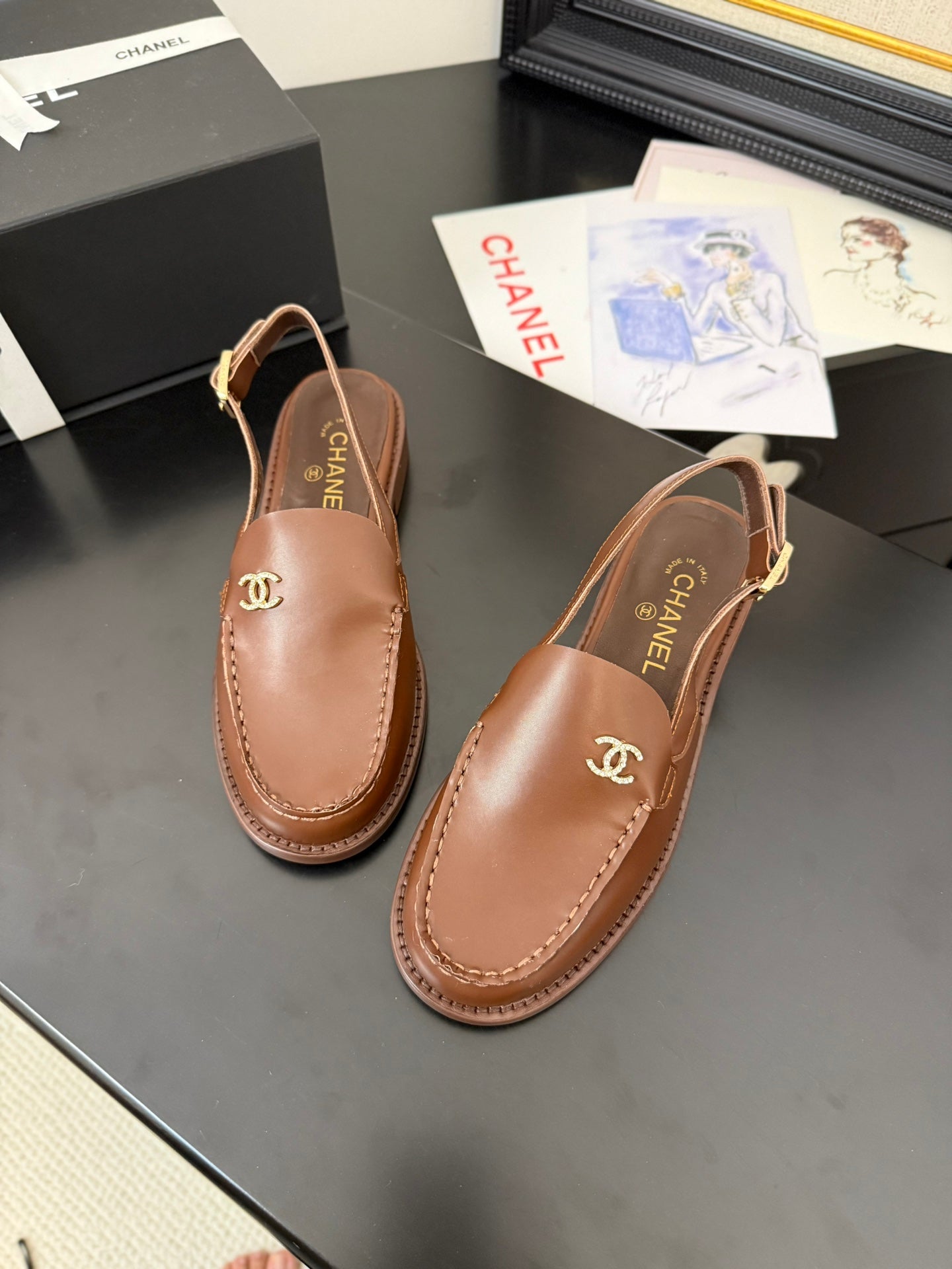 CHANEL 25C Slingback Loafer Brown Patent Leather
