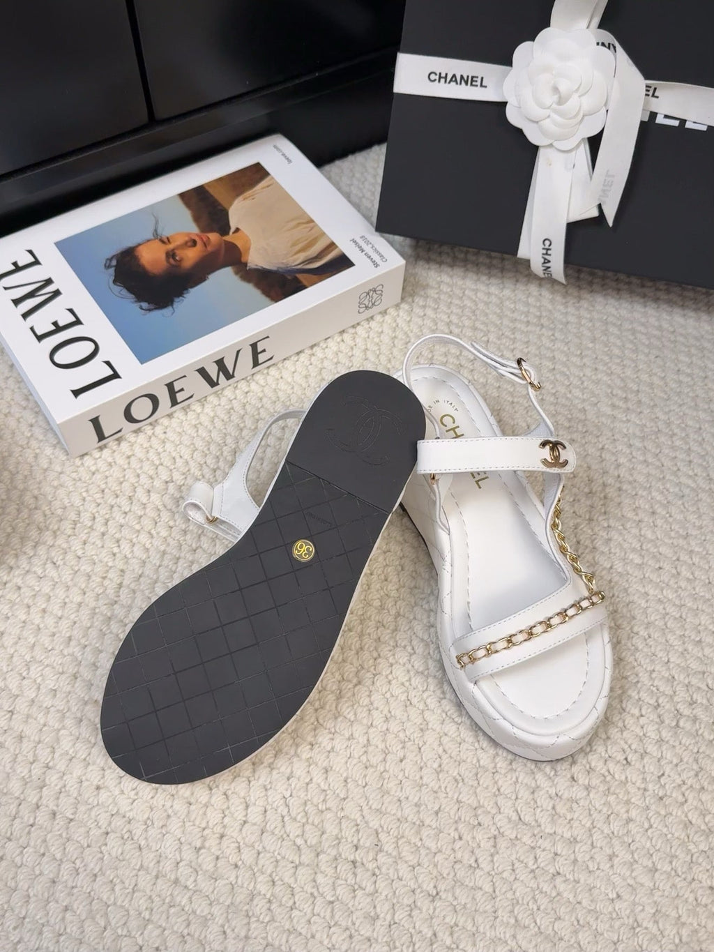 CHANEL THICK-SOLED SANDALS 55 MM IN WHITE CALFSKIN