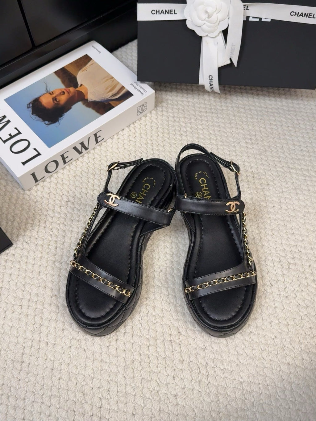 CHANEL THICK-SOLED SANDALS 55 MM IN BLACK CALFSKIN