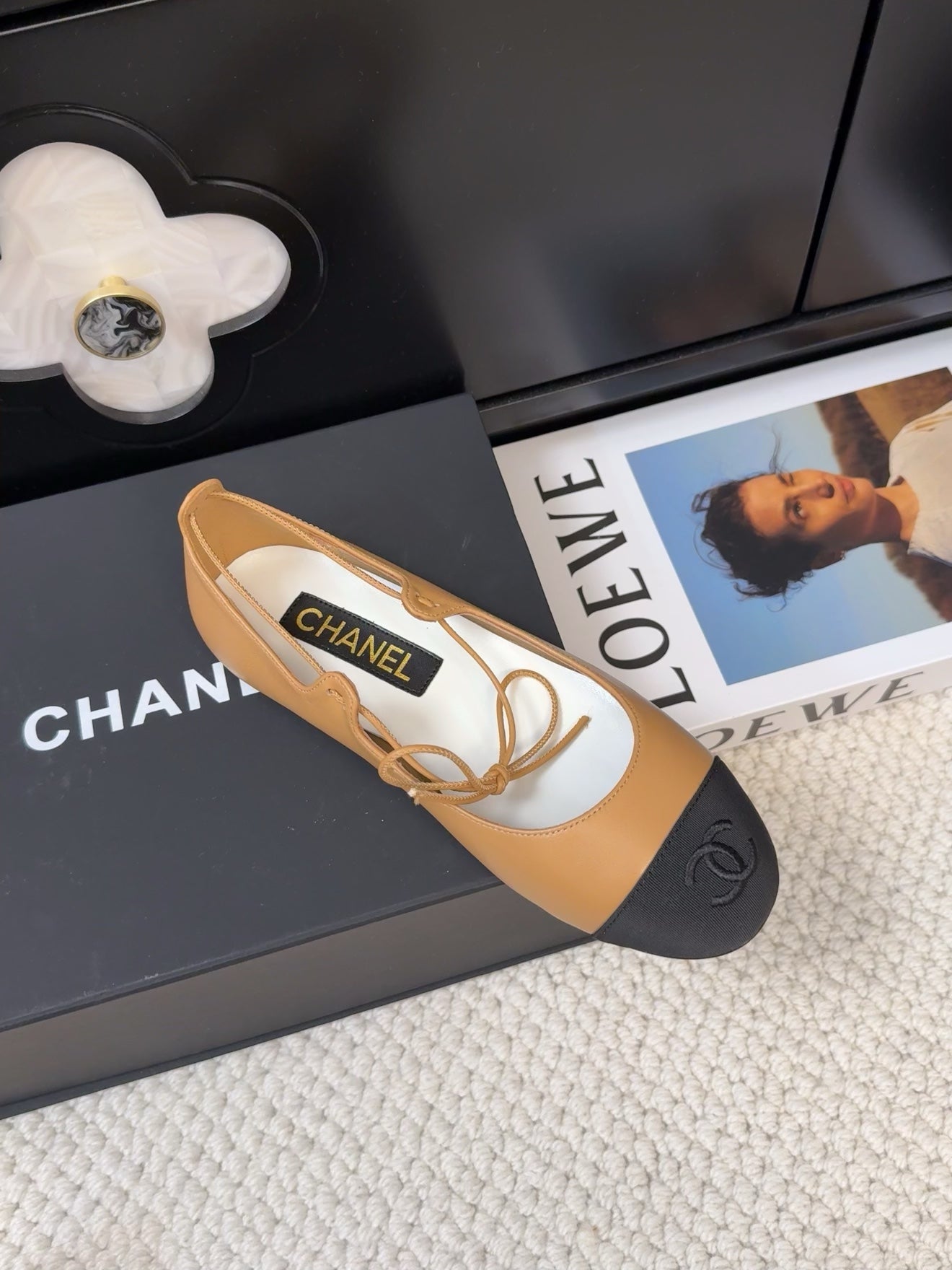 CHANEL FLAT MARY JANE PUMPS IN DIJON YELLOW LAMBSKIN MIX BLACK FABRIC