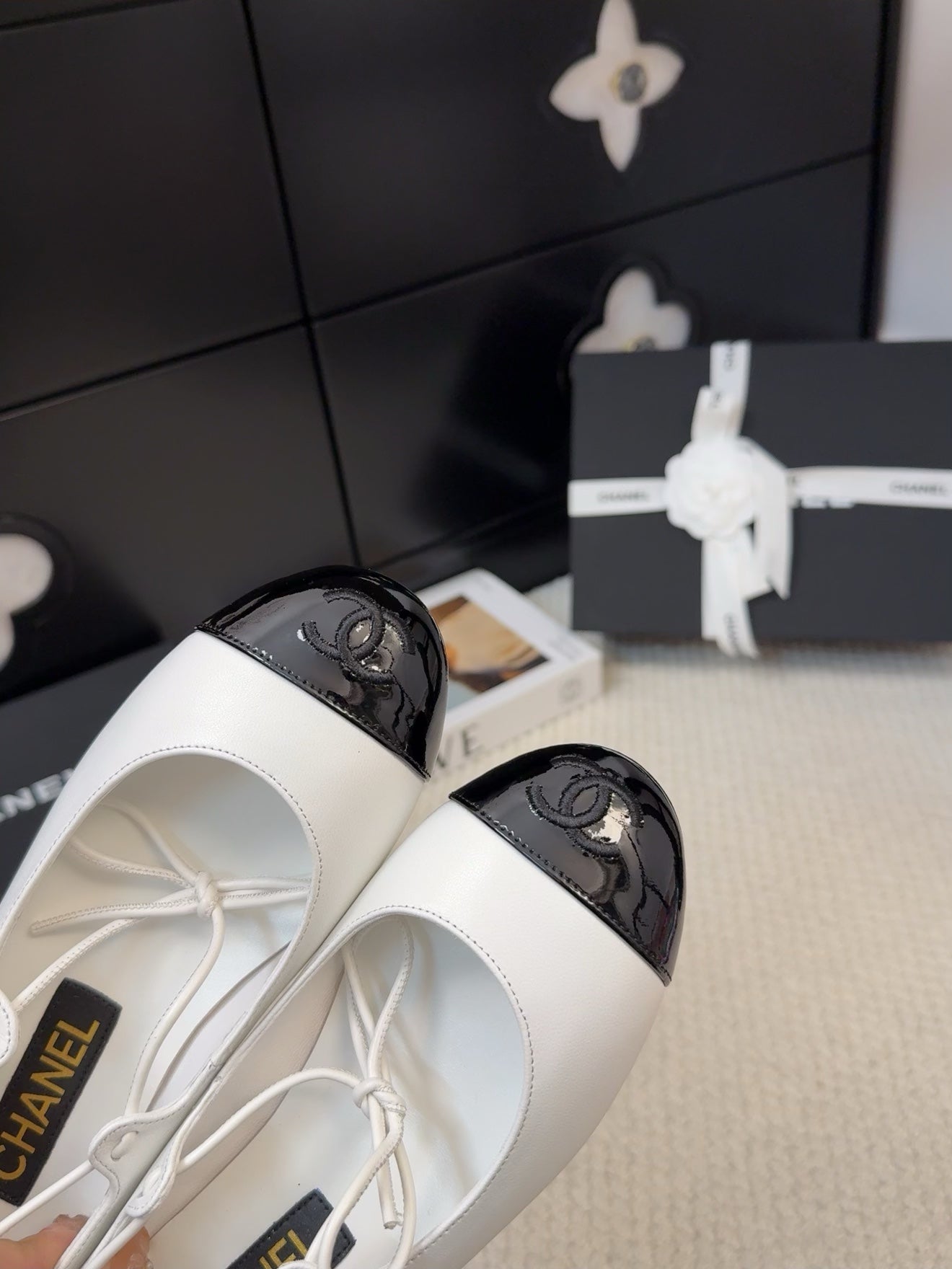 CHANEL FLAT MARY JANE PUMPS IN WHITE MIX BLACK LAMBSKIN