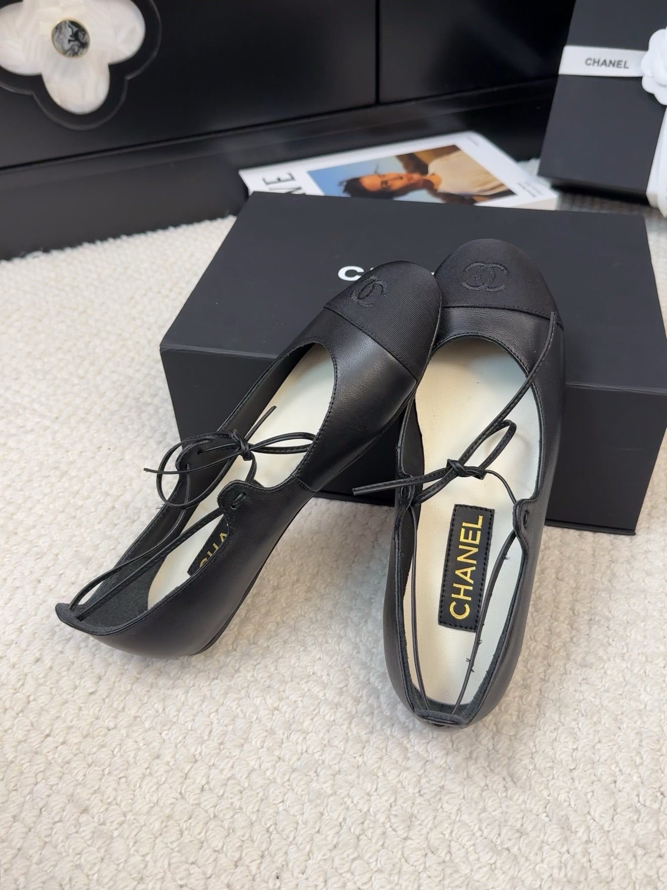 CHANEL FLAT MARY JANE PUMPS BLACK LAMBSKIN