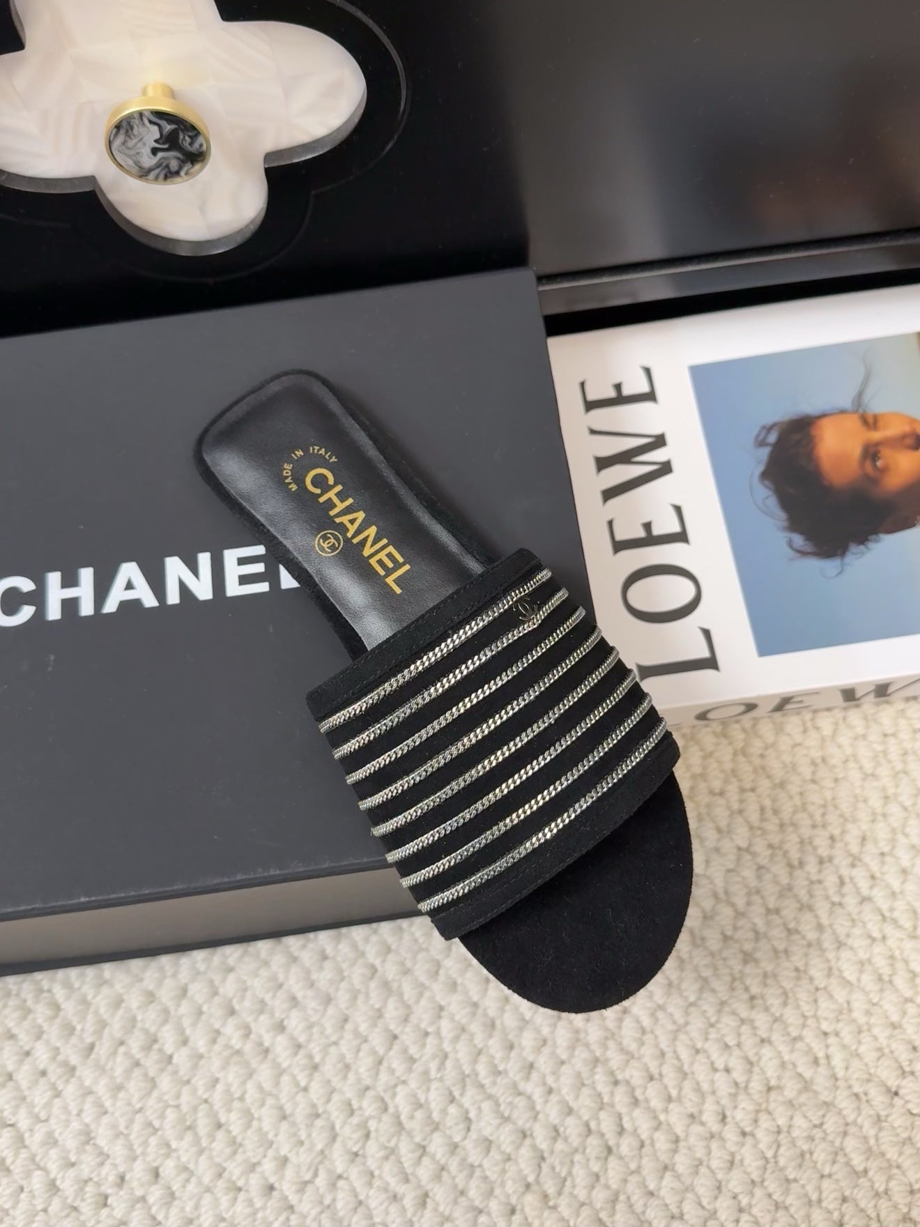 CHANEL FLAT SLIDE IN BLACK SUEDE WITH SILVER CHAIN