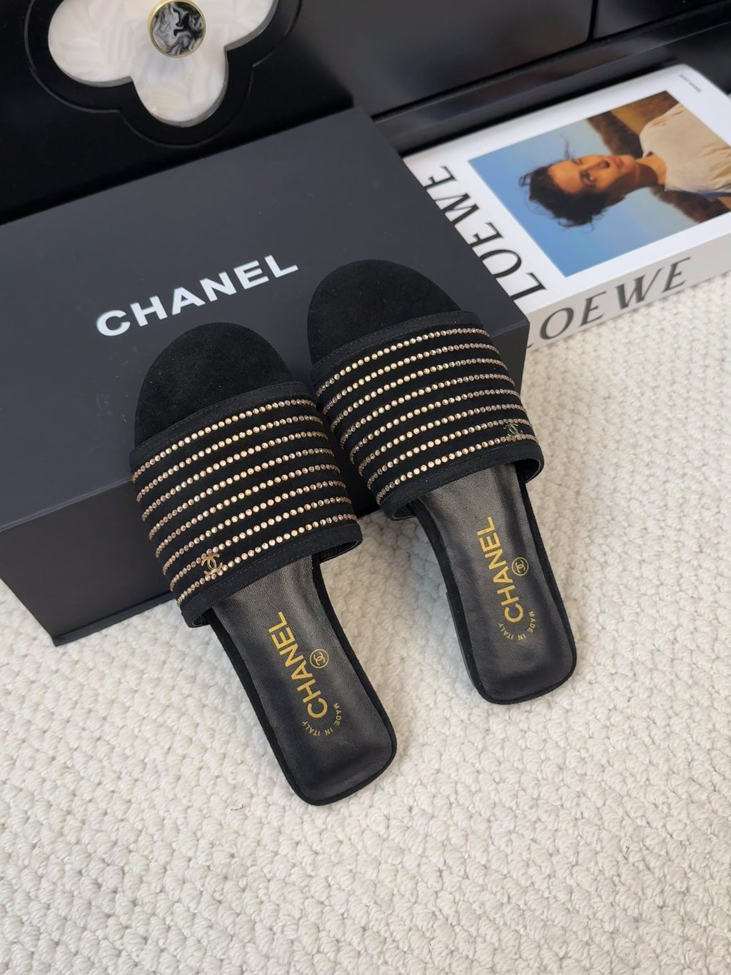 CHANEL FLAT SLIDE IN BLACK SUEDE WITH CRYSTALS