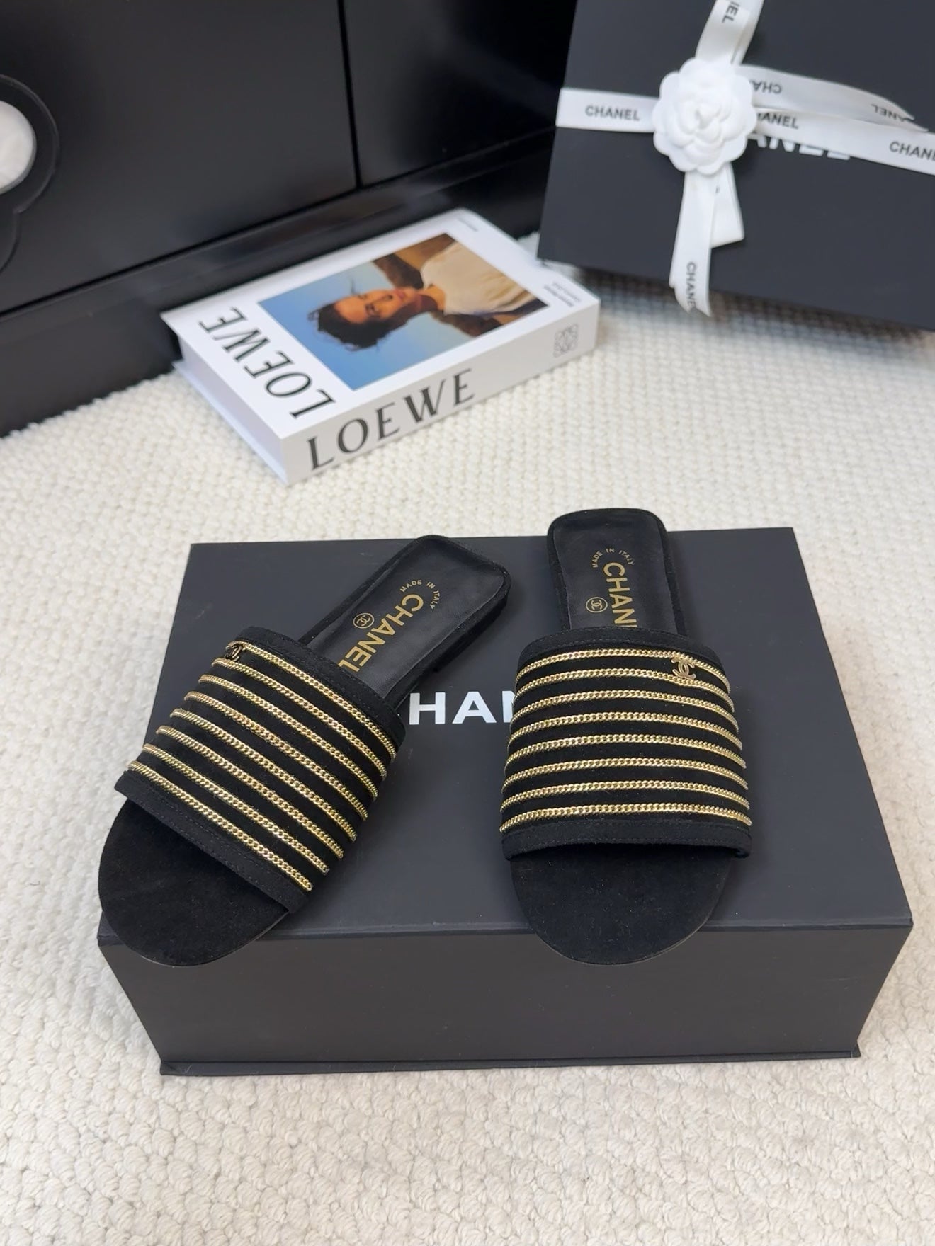 CHANEL FLAT SLIDE IN BLACK SUEDE WITH GOLD CRYSTALS