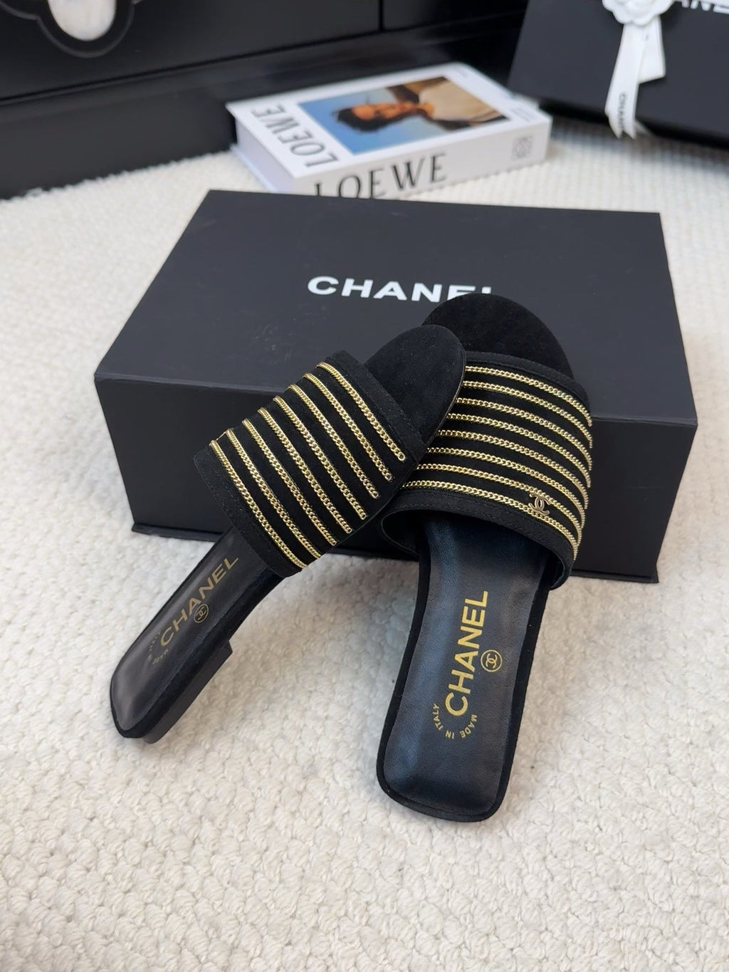 CHANEL FLAT SLIDE IN BLACK SUEDE WITH GOLD CRYSTALS