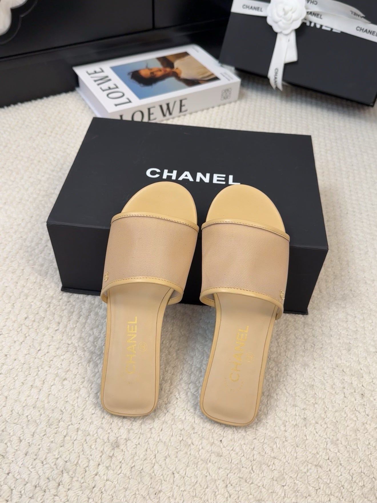 CHANEL FLAT SLIDE IN FLAX YELLOW MESH AND SUEDE