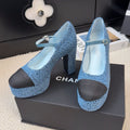 CHANEL FLATFORM SANDAL IN AEGEAN BLUE TWEED AND BLACK FABRIC