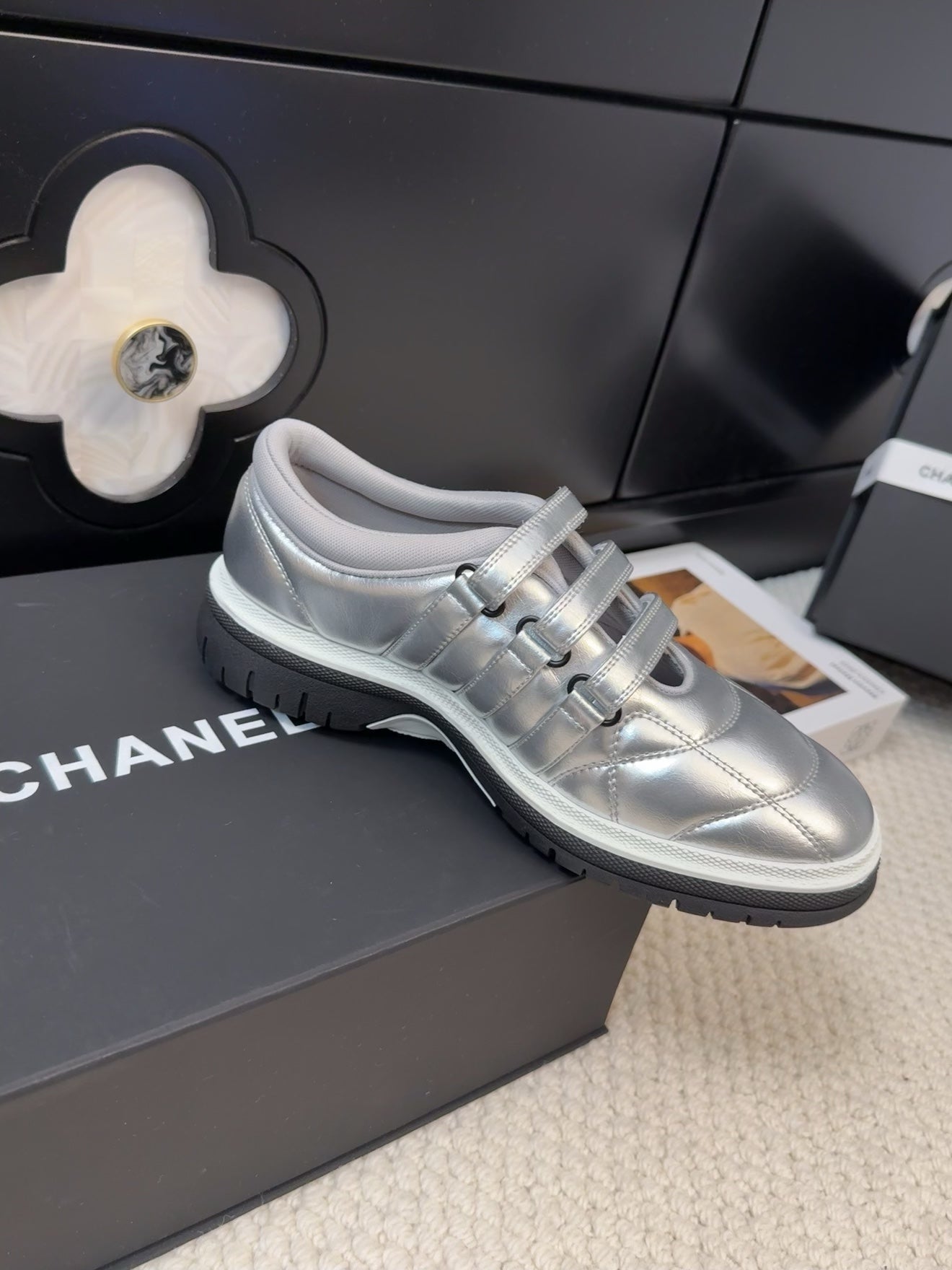 CHANEL SNEAKERS WITH THREE STRAPS IN SILVER CALFSKIN