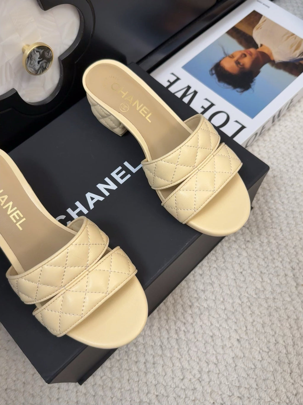 CHANEL 25C Mule Sandal 45mm Open Heel Beige Lambskin 233493