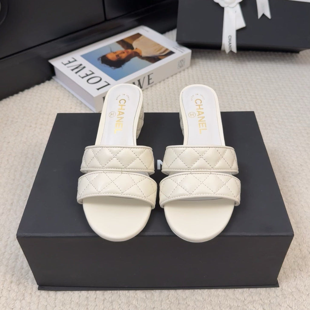 CHANEL 25C Mule Sandal 45mm Open Heel White Lambskin 233495