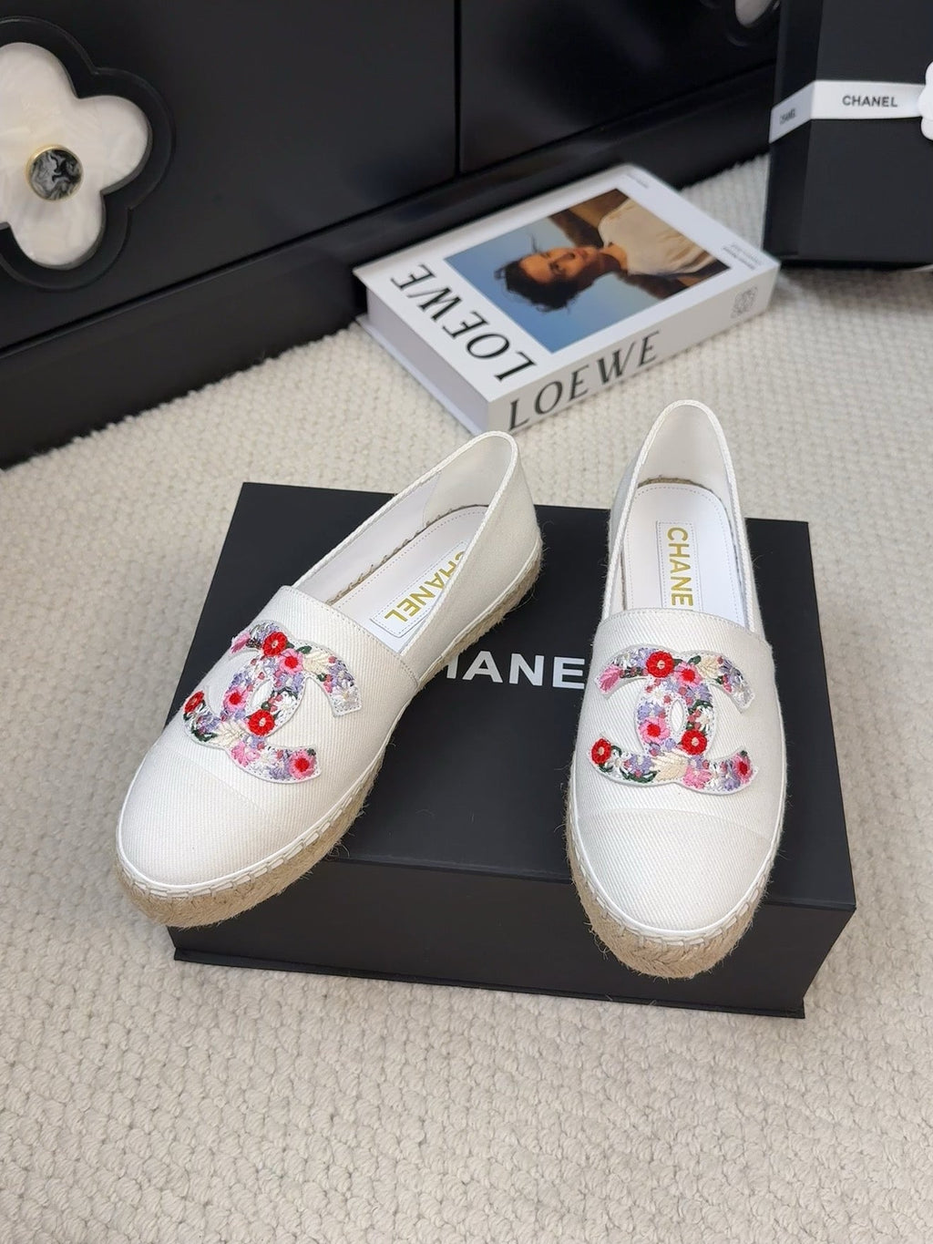 CHANEL LOAFER IN WHITE CANVAS WITH COLORFUL LOGO