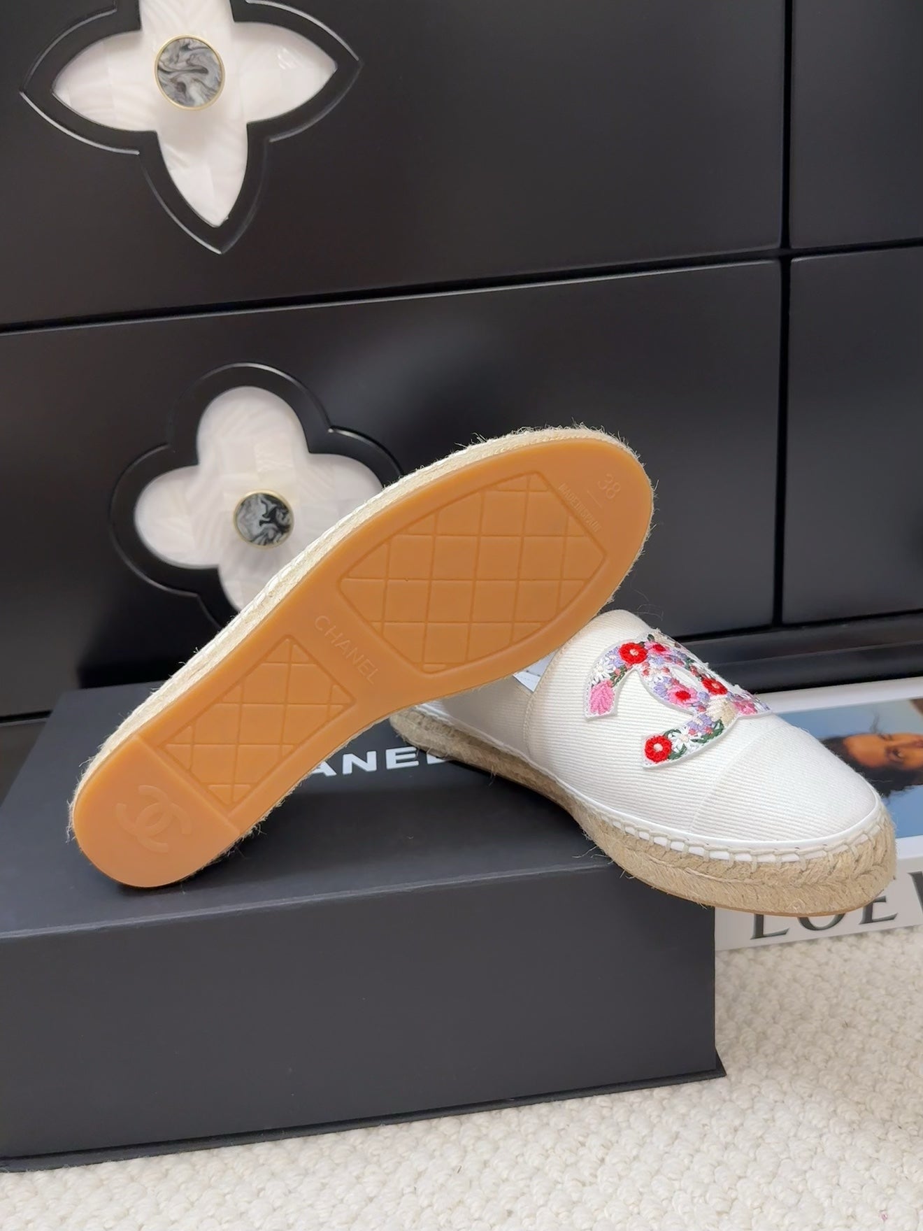 CHANEL LOAFER IN WHITE CANVAS WITH COLORFUL LOGO