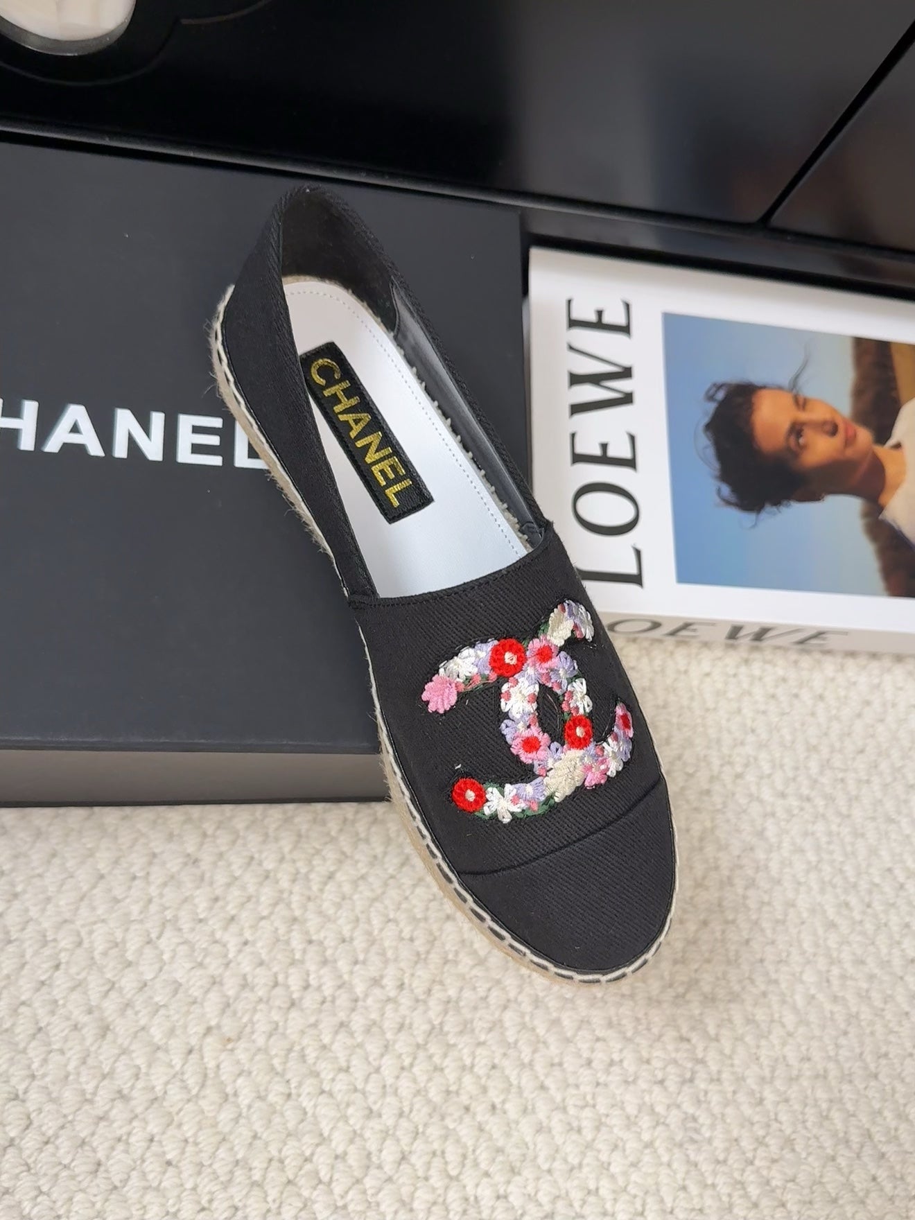 CHANEL LOAFER IN BLACK CANVAS WITH COLORFUL LOGO