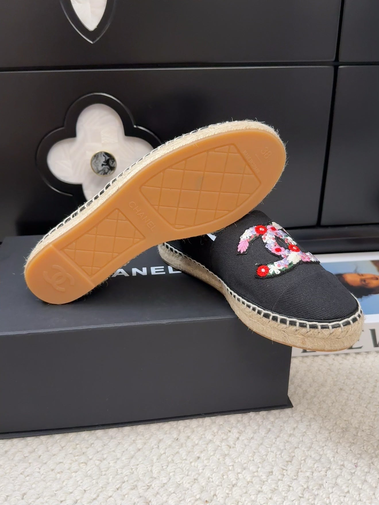 CHANEL LOAFER IN BLACK CANVAS WITH COLORFUL LOGO