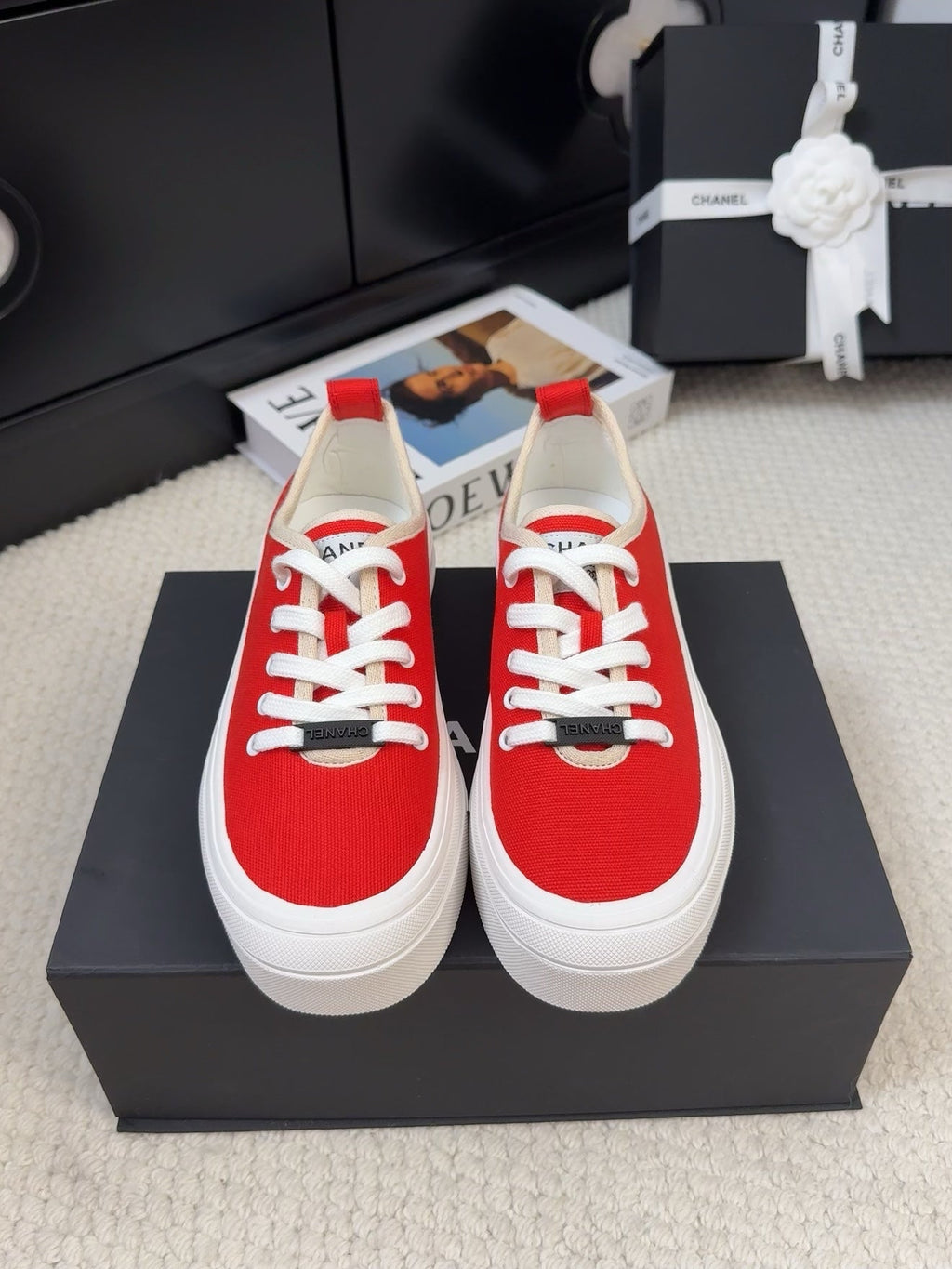 CHANEL TRAINERS SHOES IN ORANGE RED FABRIC