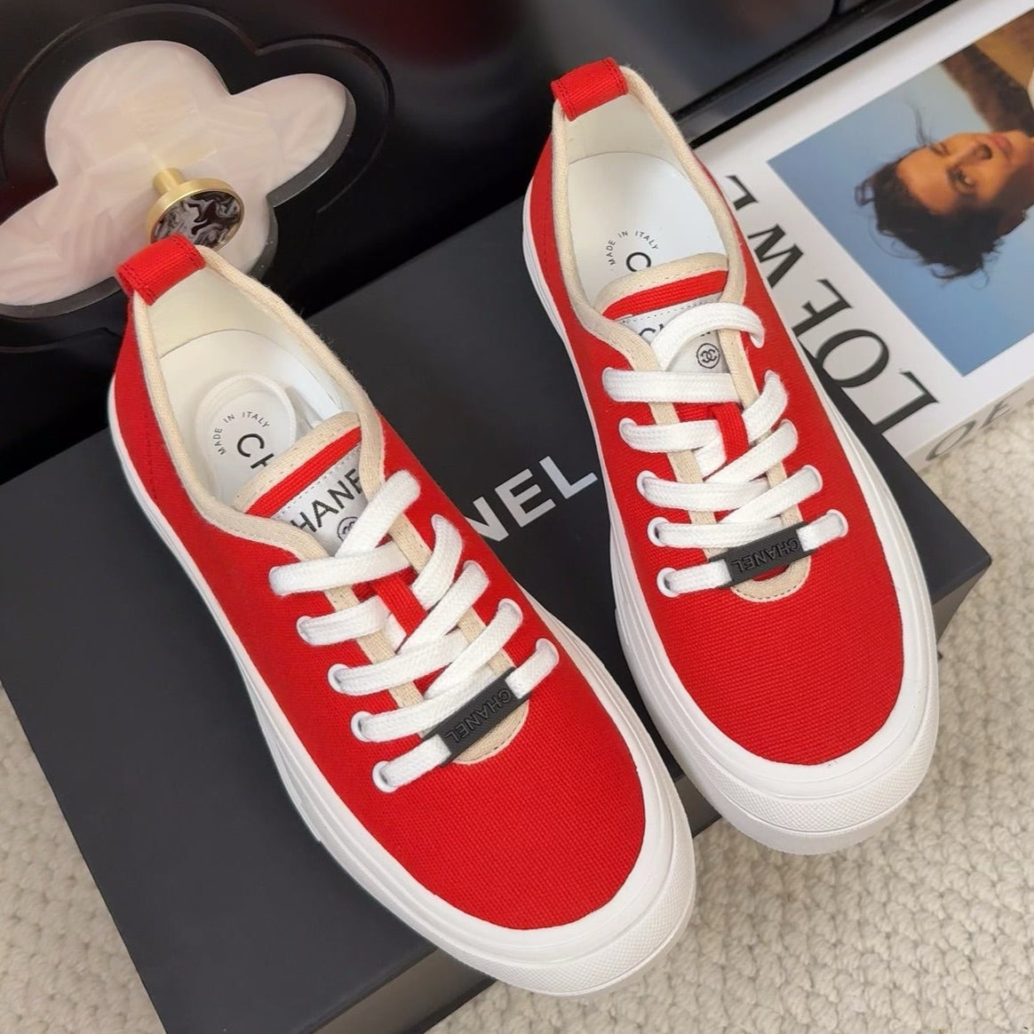 CHANEL TRAINERS SHOES IN ORANGE RED FABRIC