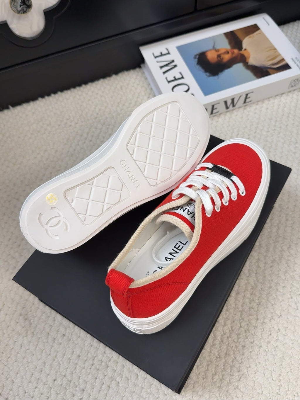 CHANEL TRAINERS SHOES IN ORANGE RED FABRIC