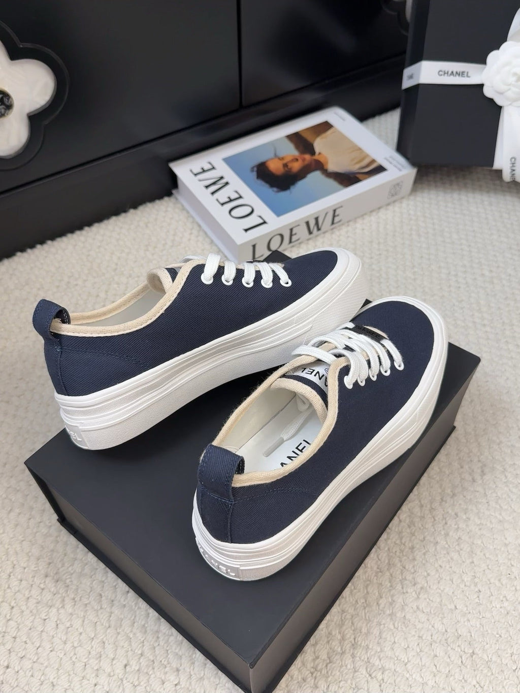 CHANEL TRAINERS SHOES IN NAVY BLUE FABRIC