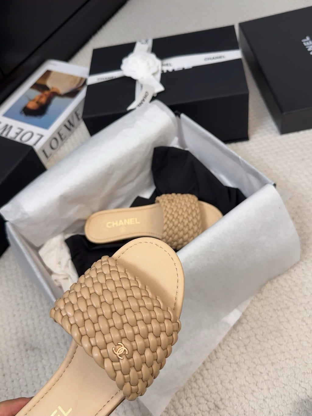 CHANEL FLAT SLIDES IN FLAX YELLOW LAMBSKIN