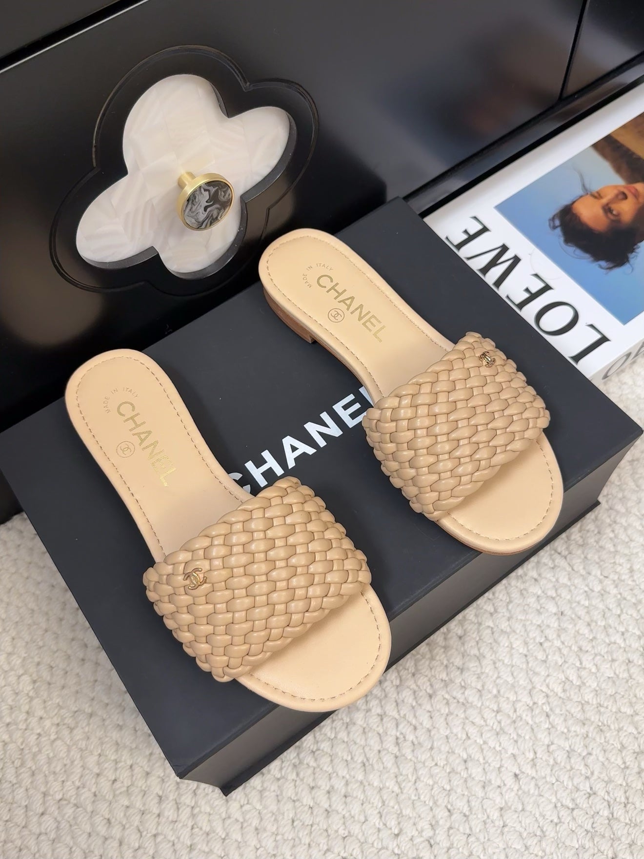 CHANEL FLAT SLIDES IN FLAX YELLOW LAMBSKIN