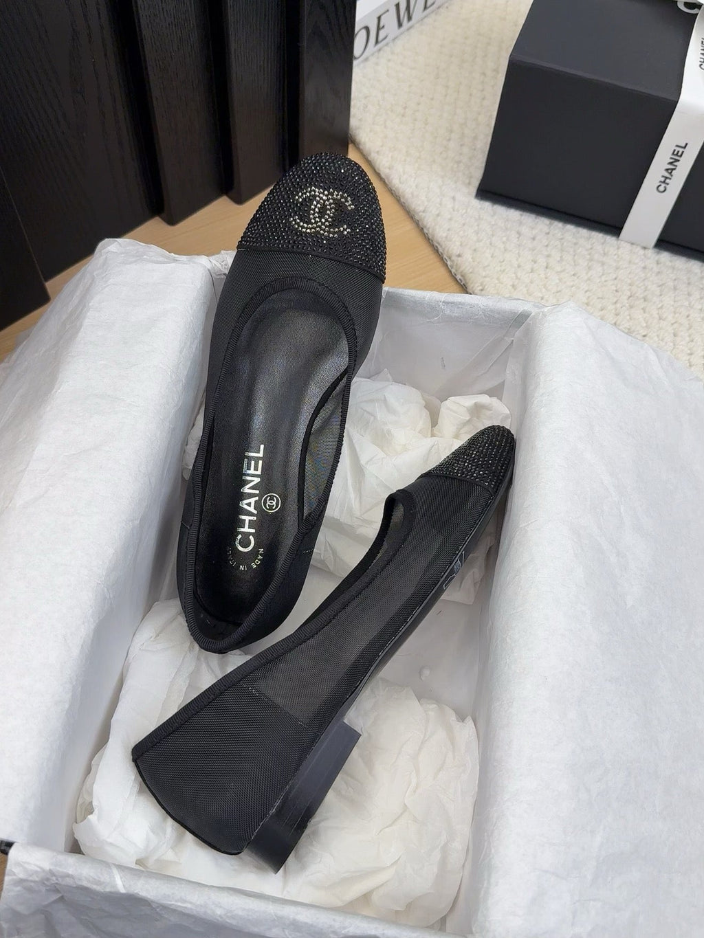 CHANEL BALLET FLAT IN BLACK FABRIC AND MESH WITH CRYSTALS