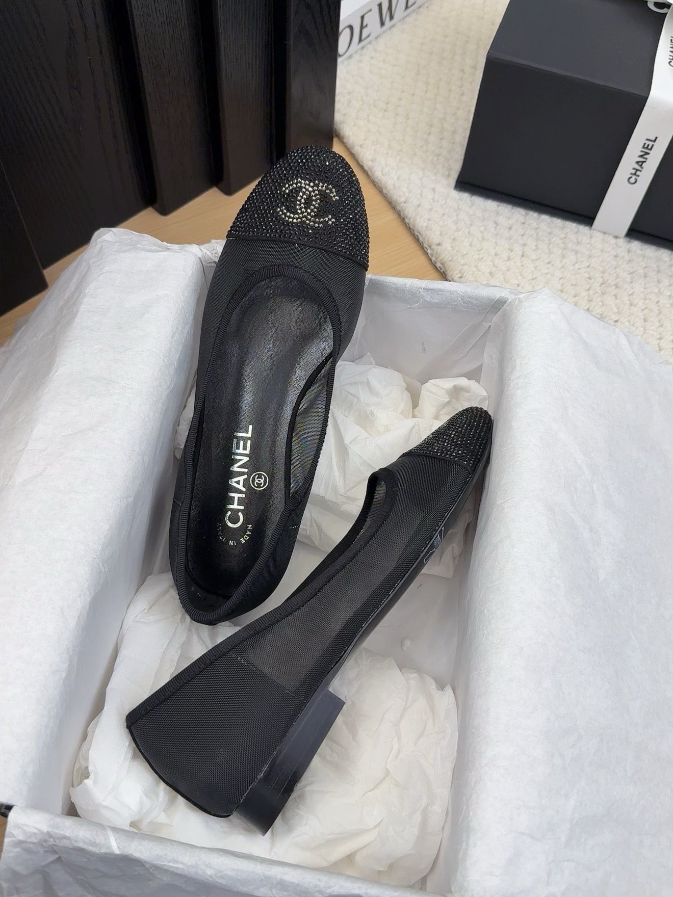 CHANEL BALLET FLAT IN BLACK FABRIC AND MESH WITH CRYSTALS