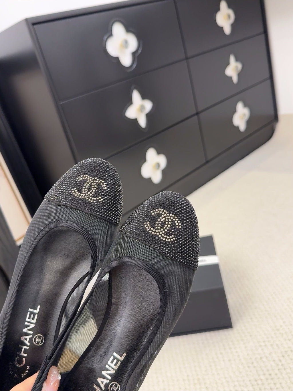 CHANEL BALLET FLAT IN BLACK FABRIC AND MESH WITH CRYSTALS