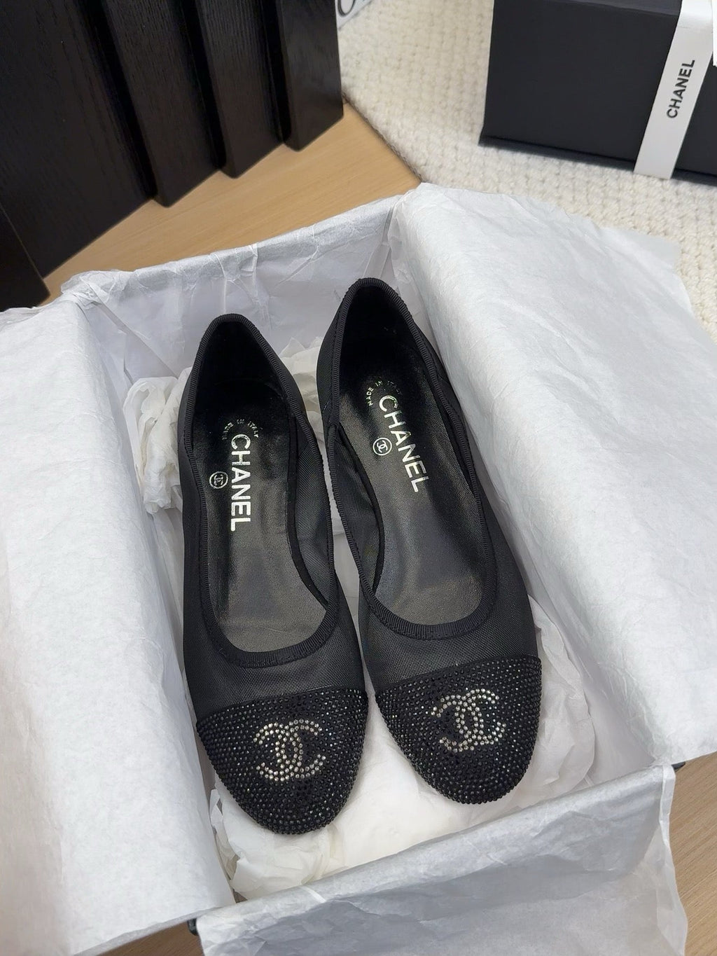 CHANEL BALLET FLAT IN BLACK FABRIC AND MESH WITH CRYSTALS