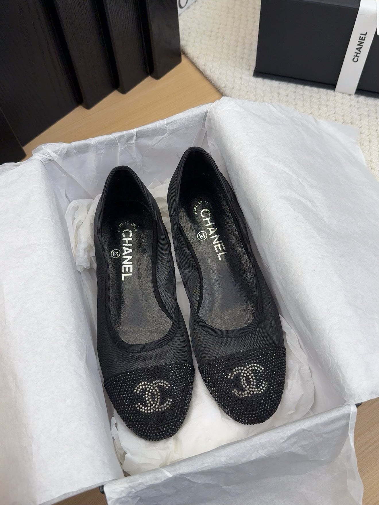 CHANEL BALLET FLAT IN BLACK FABRIC AND MESH WITH CRYSTALS