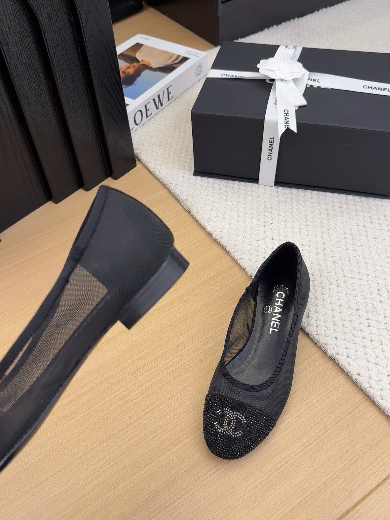 CHANEL BALLET FLAT IN BLACK FABRIC AND MESH WITH CRYSTALS