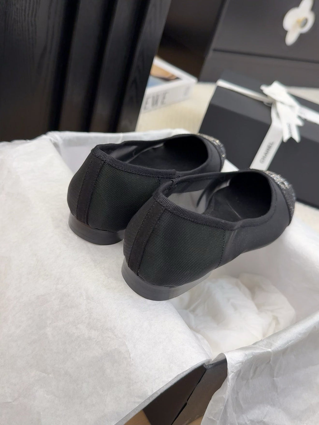 CHANEL BALLET FLAT IN BLACK FABRIC AND MESH WITH CRYSTALS